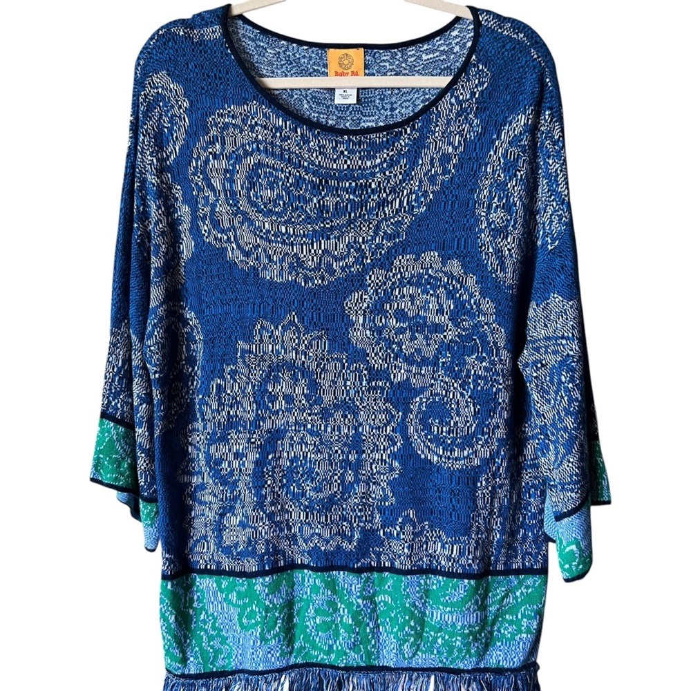 Ruby Rd. Sweater Tunic Sz XL Blue Green Paisley Fringed Hem Lightweight